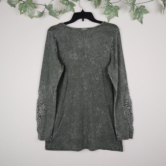 Torrid Size 2 Cotton Modal Rib Scoop Neck Crochet Long Sleeve Green Top - Picture 4 of 7